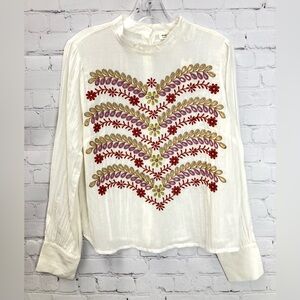 Anthropologie Meadow Rue Daphne Embroidered Ivory Button Back Blouse Size 10